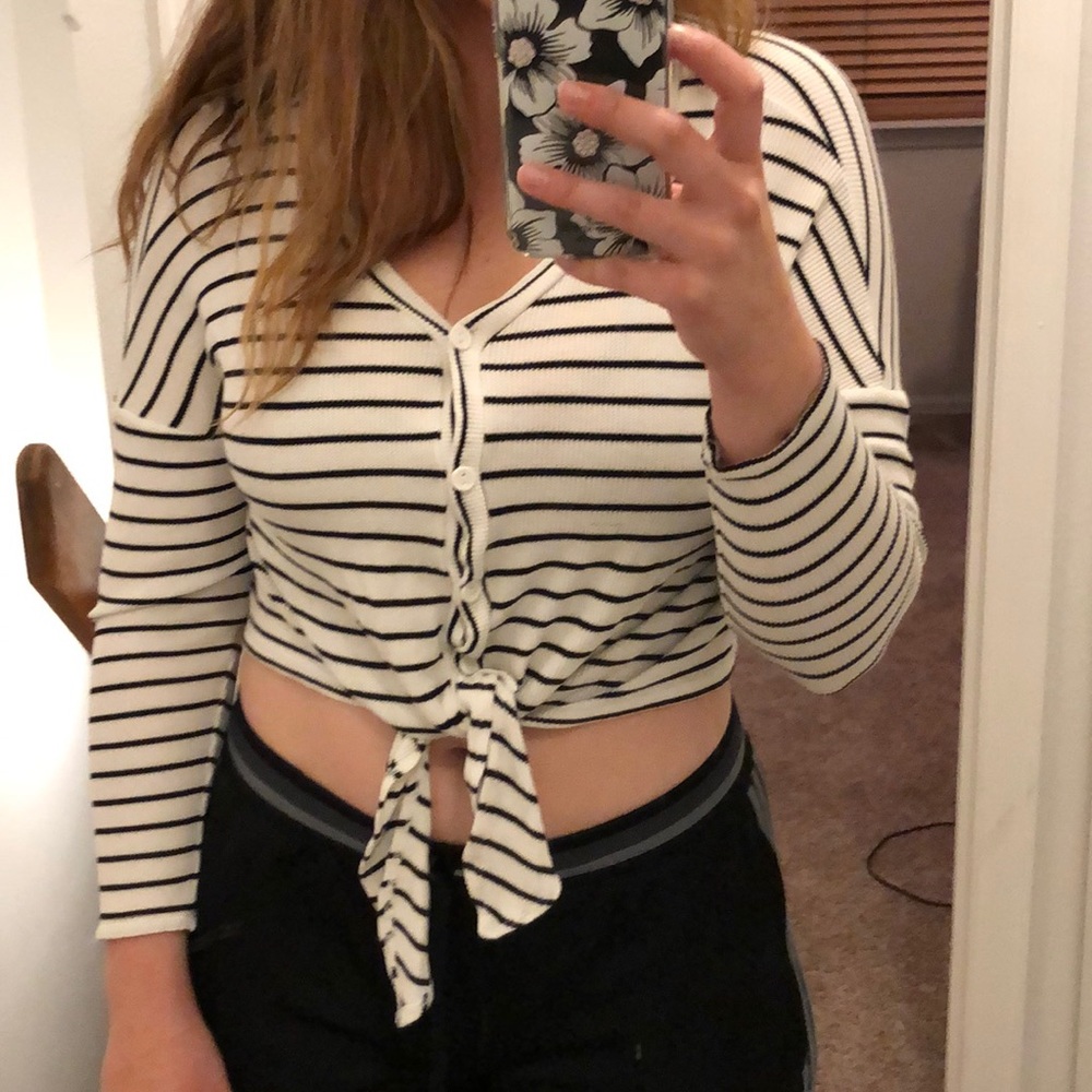 Good Luck Gem White Black Stripe Front Tie Top
